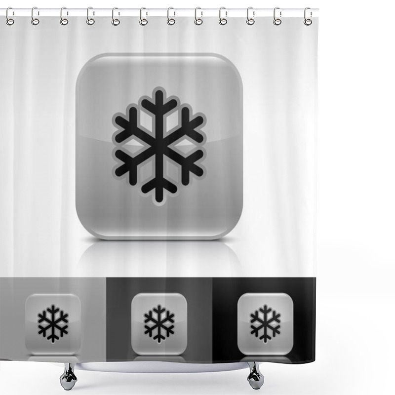 Personality  Gray Glossy Web Button With Low Temperature Black Snowflake Sign. Rounded Square Shape Icon With Shadow, Reflection On White, Gray, Black Background. Shower Curtains