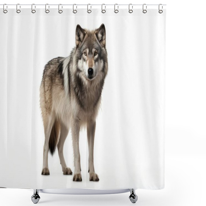 Personality  A Majestic Gray Wolf Stands In A Striking Pose Against A White Background, Showcasing Its Thick Fur And Piercing Gaze. Shower Curtains