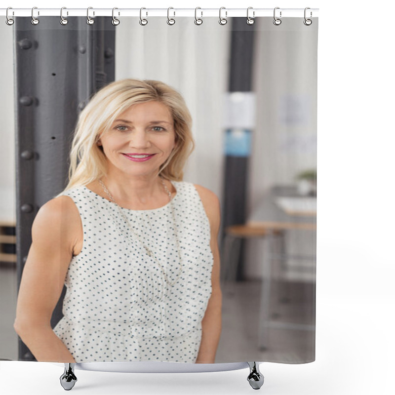 Personality  Smiling Blond Woman Inside The Office Shower Curtains