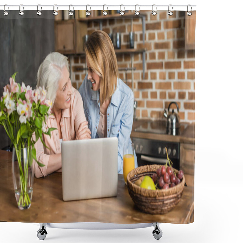 Personality  Women Using Laptop In Kitchen Shower Curtains