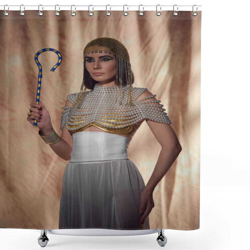 Personality  Elegant Woman In Egyptian Look And Pearl Top Holding Traditional Crook On Abstract Background Shower Curtains