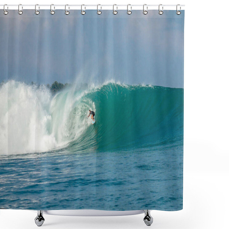 Personality  Surfer On Perfect Blue Big Tube Wave, Empty Line Up, Perfect For Surfing, Clean Water, Indian Ocean In Mentawai Islands, Spot EBay Shower Curtains