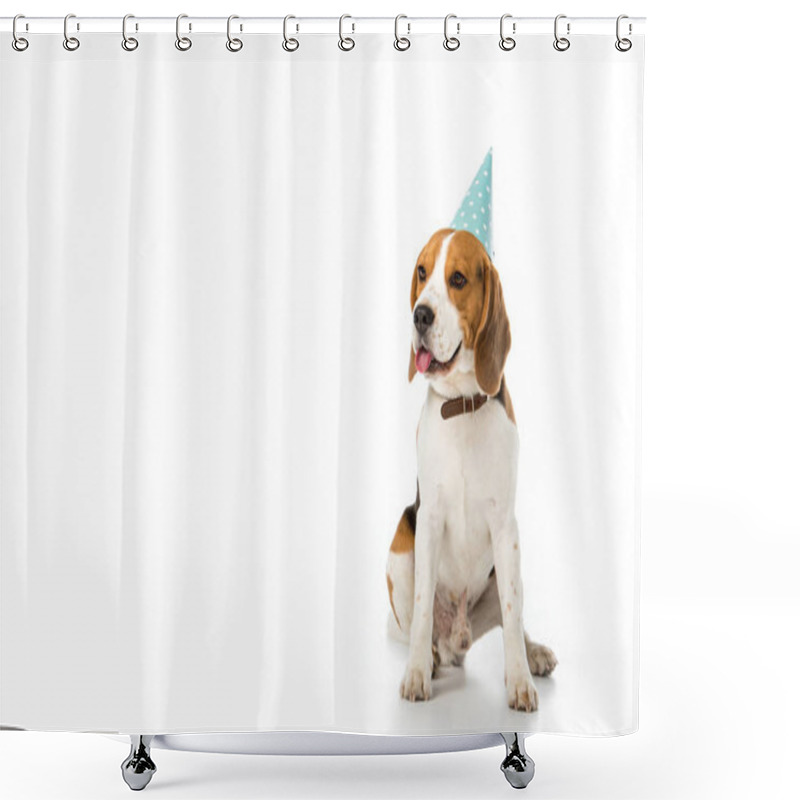 Personality  Beagle Dog In Party Cone Sticking Tongue Out Isolated On White Shower Curtains