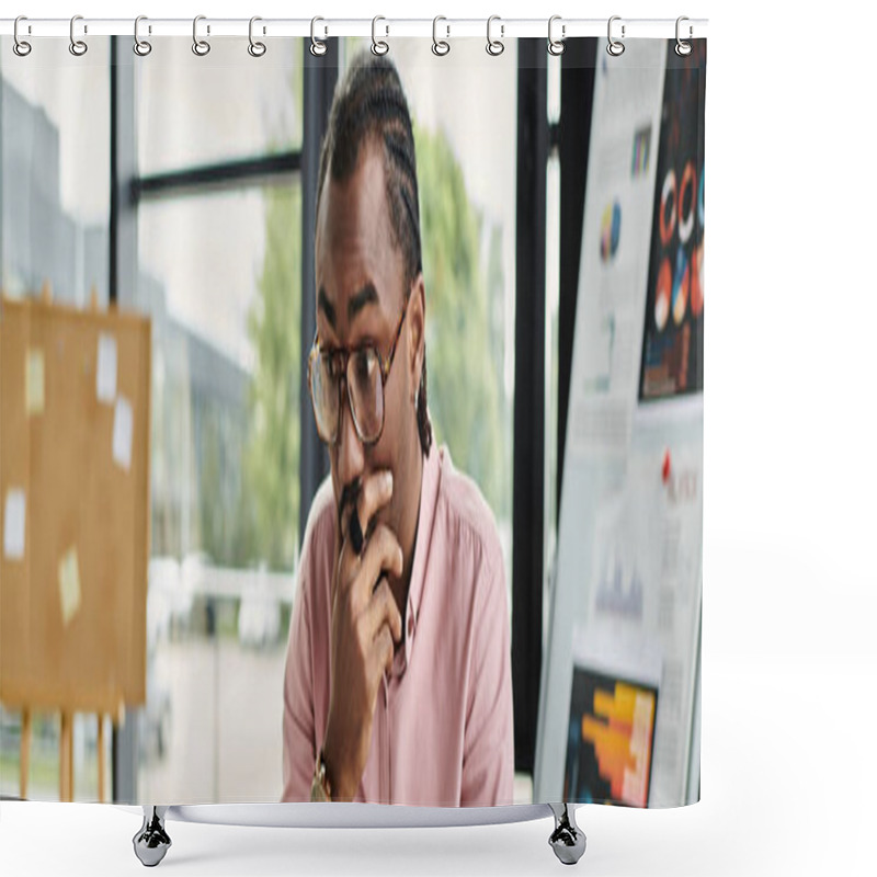 Personality  Young Man Works Remotely In A Modern Office, Deep In Thought About His Project. Shower Curtains