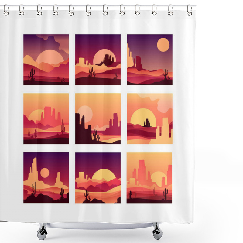 Personality  Vector Set Of Cards With Sandy Desert Landscapes With Cactus Plants, Rocky Mountains And Sunsets Sunrises. Design In Gradient Colors Shower Curtains