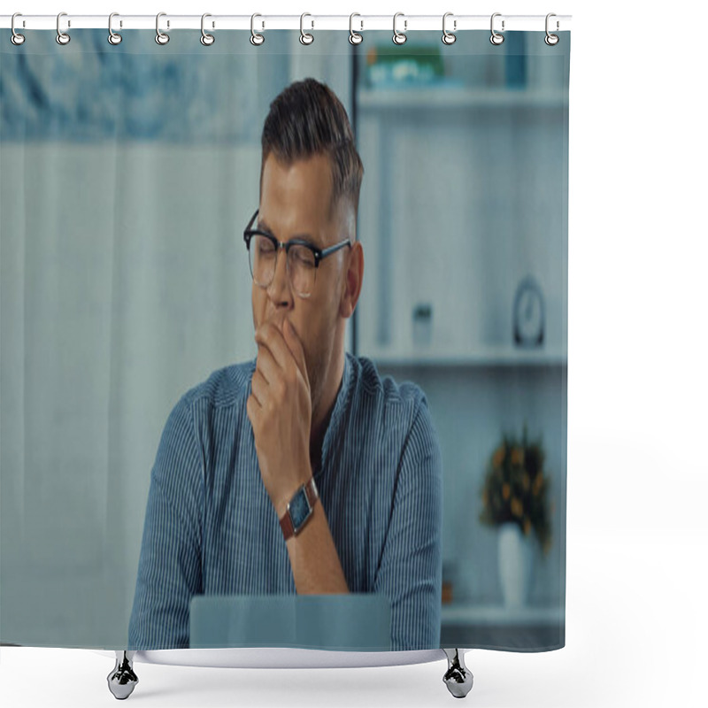 Personality  Tired Freelancer In Glasses Yawning Near Laptop While Working From Home  Shower Curtains