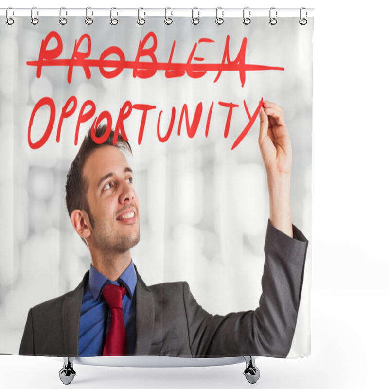 Personality  Businessman Writing A Positive Concept Shower Curtains