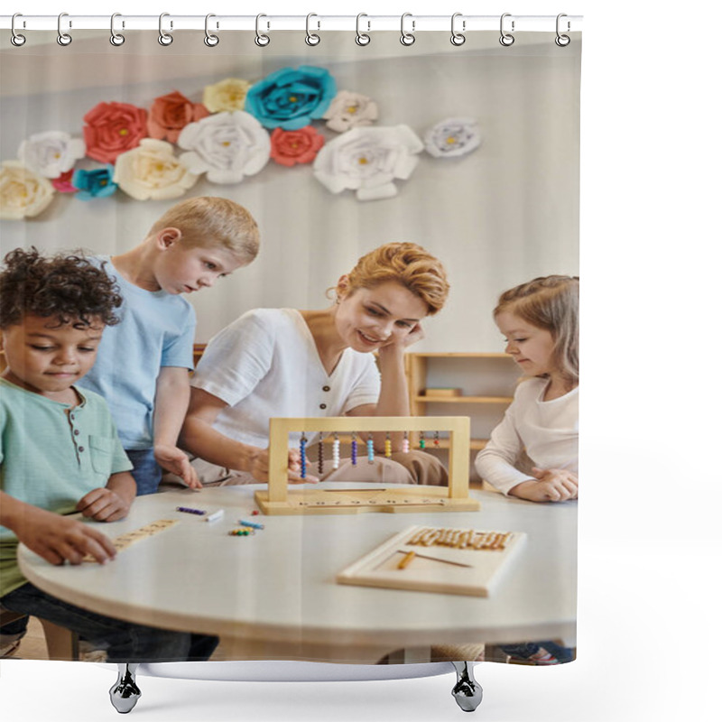 Personality  Montessori Concept, Female Teacher Near Interracial Kids, Playing Educational Game, Diverse Boys Shower Curtains