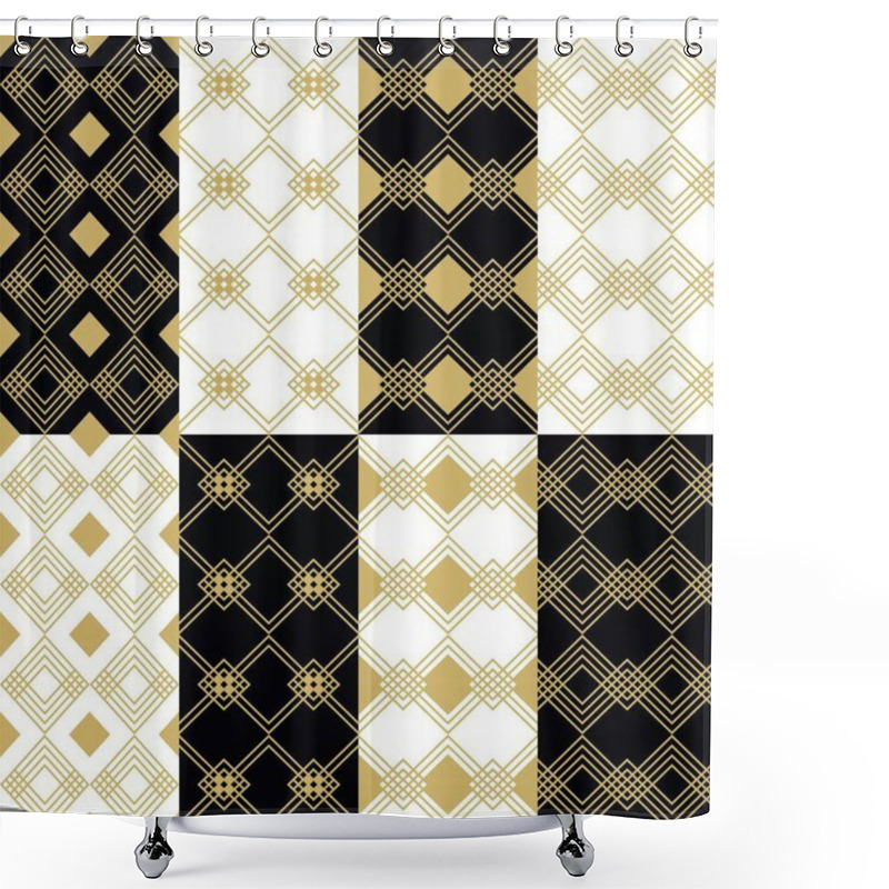 Personality  Golden Modern Art Deco Square Patterns Set On Black And White Backgrounds Shower Curtains