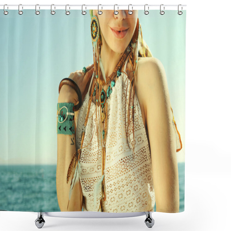 Personality  Female Neck And Hand With Boho Bracelets And Necklace Near Sea, Fashion Portrait Shower Curtains