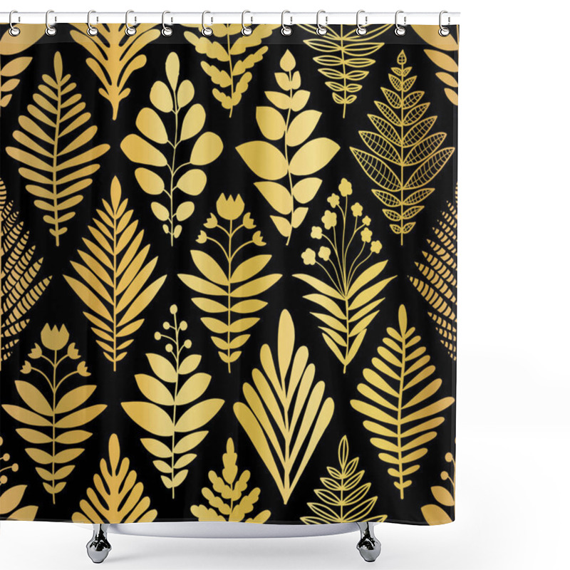 Personality  Luxury Golden Art Deco Floral Pattern. Nature Background Vector With Gold Foil Faux Metallic Texture Plants, Leaves And Flowers Line Art On Black Color Background. Vector Illustration Shower Curtains