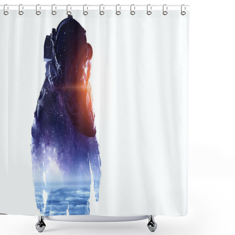 Personality  Spaceman On White. Mixed Media Shower Curtains