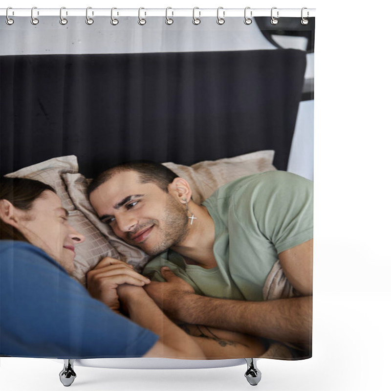 Personality  A Young Gay Couple Cuddles In Bed, Sharing A Tender Moment Of Love And Affection. Shower Curtains