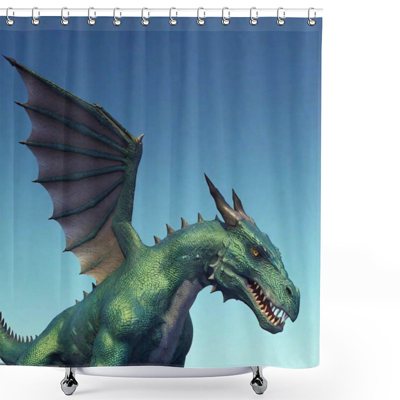 Personality  Cinematic-style CGI-style 3-D Render Of A Friendly Anthropomorphic Fantasy Dragon, Large, Beautiful Blue-green Iridescent Armored Scales, Opalescent, Intelligent Lightning-colored Eyes. Wings, 4 Legs, Long Tail. Caring Expression. High Detail, High Shower Curtains