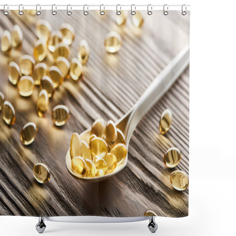 Personality  Golden Fish Oil Capsules In Spoon And On Wooden Table Shower Curtains