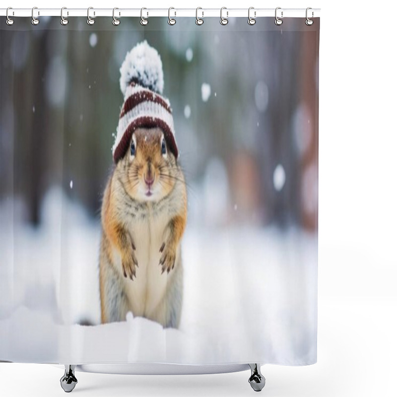 Personality  A Cute Brown Squirrel Wearing A Knitted Hat Stands In The Snow, Creating A Playful Winter Scene. Shower Curtains