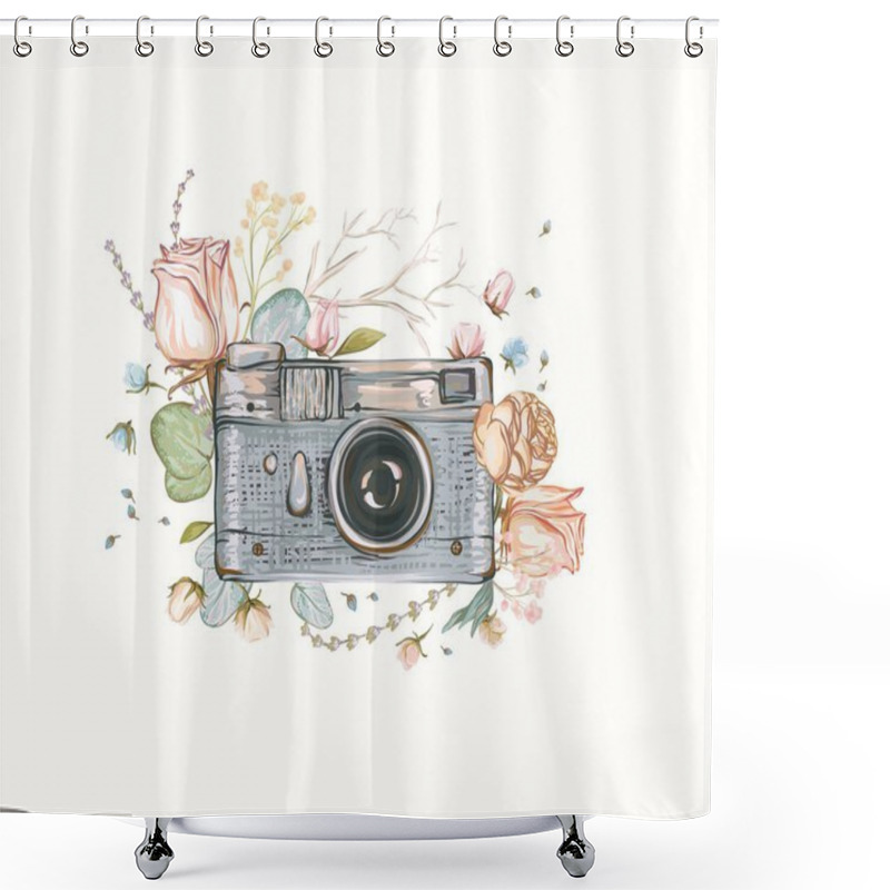 Personality  Vintage Retro Photo Camera In Flowers, Leaves, Branches On White Background. Watercolor Design, Flat Style. Hand Drawn Vector Illustration, Separated Elements In Collage Shower Curtains