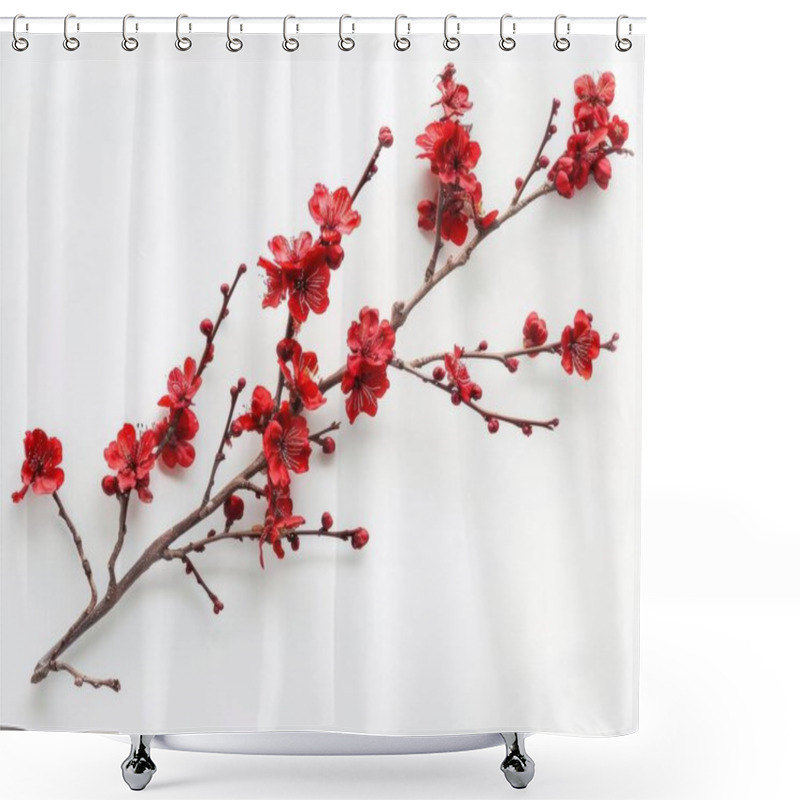 Personality  Vibrant Red Cherry Blossom Branch Showcasing Delicate Petals Against A White Backdrop. Shower Curtains