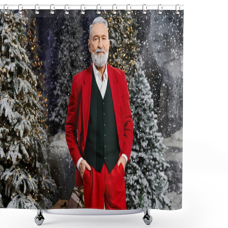 Personality  A Distinguished Man In Red And Green Joyfully Poses Among Snowy Evergreens For Christmas. Shower Curtains