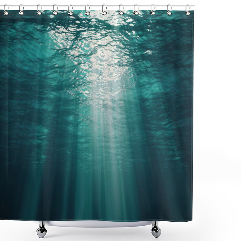 Personality  Underwater View With Ocean Waves Flowing In The Clear Blue Water. Beautiful Aquatic View With Sunbeams Shining And Creating God Rays In The Deep Sea. 3D Illustration With Swells And Tidal Waves Shower Curtains