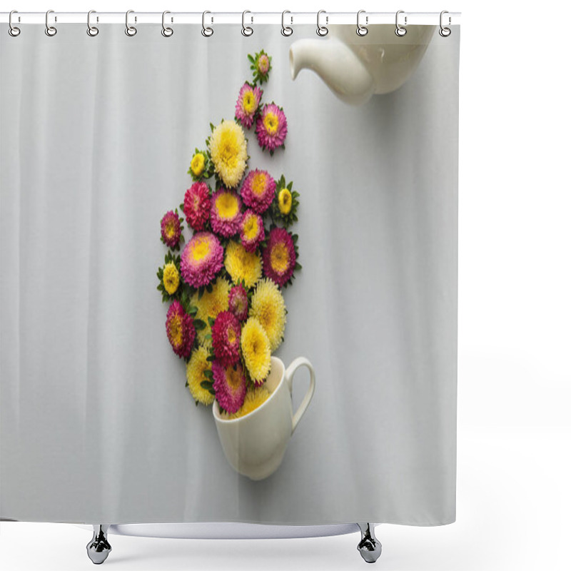 Personality  Top View Of Asters Poring From Teapot In Cup On White Background Shower Curtains