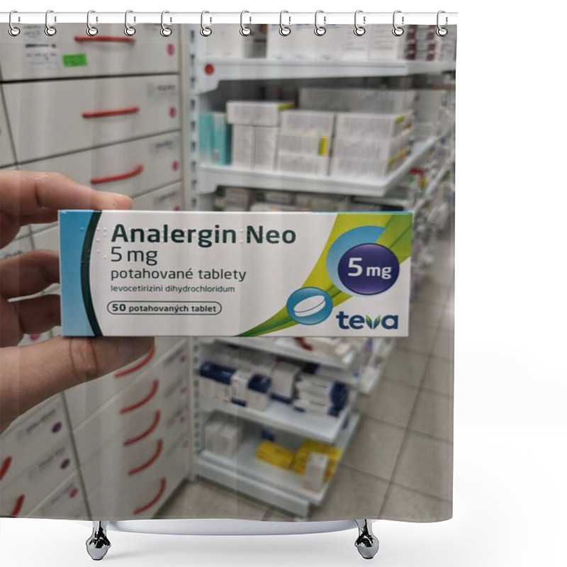 Personality  Prague, Czech Republic - July 10 2024: ANALERGIN NEO Box Of Medication With LEVOCETIRIZINE Active Substance By TEVA, Used For Treatment Of Allergic Rhinitis And Chronic Urticaria. Shower Curtains