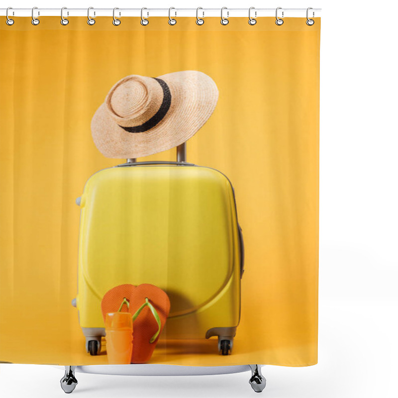 Personality  Travel Bag With Wheels, Straw Hat And Flip Flops On Yellow Background Shower Curtains