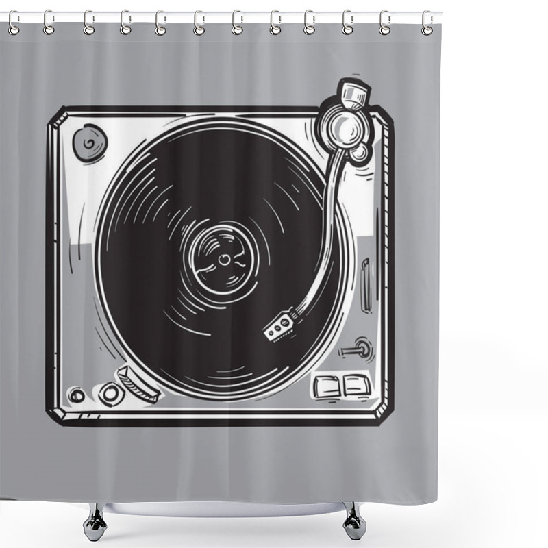 Personality  Drawn Monochrome Musical Turntable Vinyl Record Player Shower Curtains