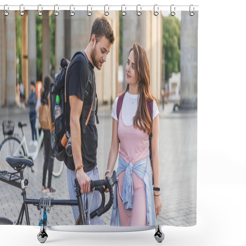 Personality  Couple Of Tourists With Backpacks And Bicycle At Pariser Platz In Berlin, Germany Shower Curtains