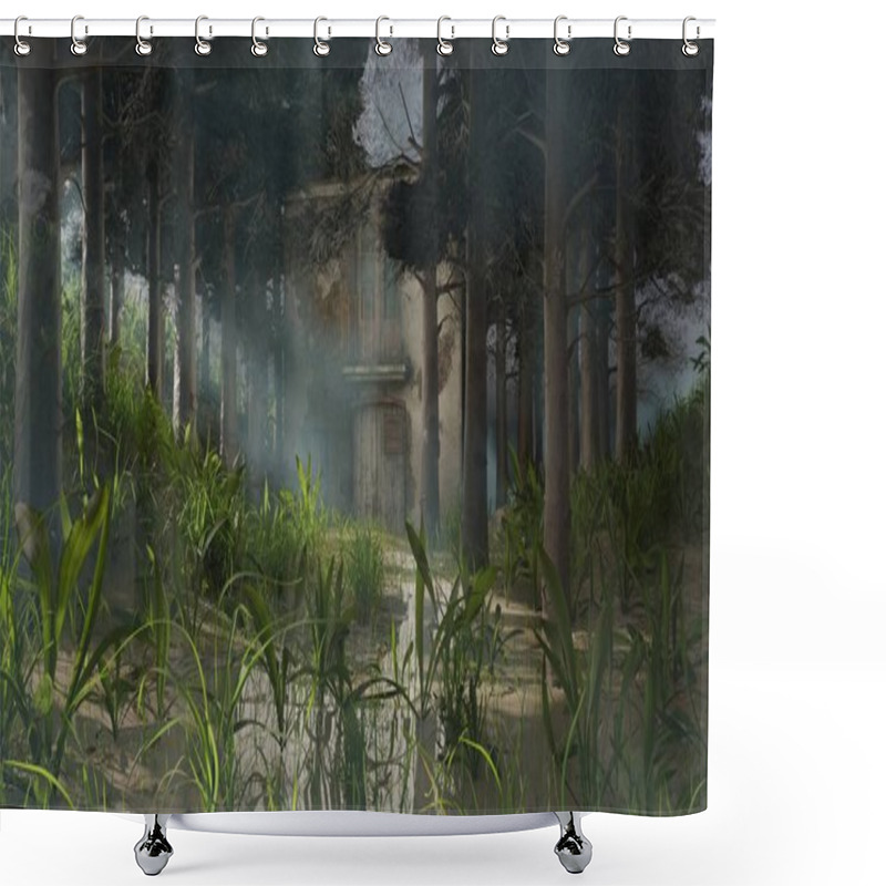 Personality  3d Render Abandoned Old House In Pine Trees Forest Nature Landscape Scene Wallpaper Backgrounds Shower Curtains