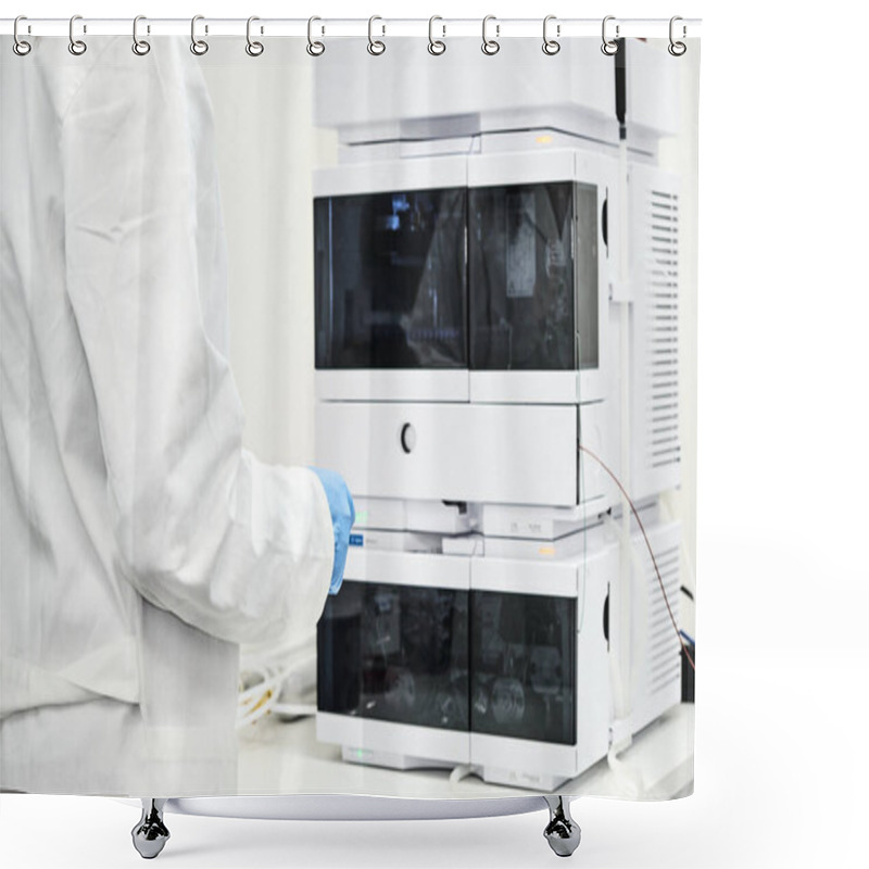 Personality  Scientist In Rubber Gloves And White Lab Coat Standing Near High Performance Liquid Chromatography HPLC For Separation Organic Compounds. Analytical Chemistry Laboratory. Analyzing Process. Shower Curtains