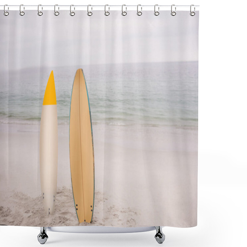 Personality  Two Surfboard Standing In Sand Shower Curtains