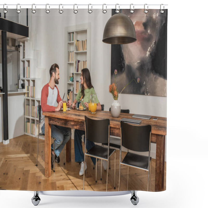 Personality  Side View Of Smiling Couple Sitting Near Breakfast And Laptops On Table  Shower Curtains