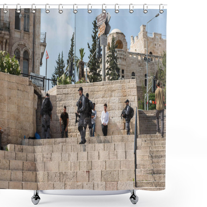 Personality  JERUSALEM, ISRAEL - MAY 15, 2018: Israeli Police Troops Patrolling In Jerusalem During The Nakba Day. In Jerusalem Police Often Clashes With Palestinian Rebels Shower Curtains