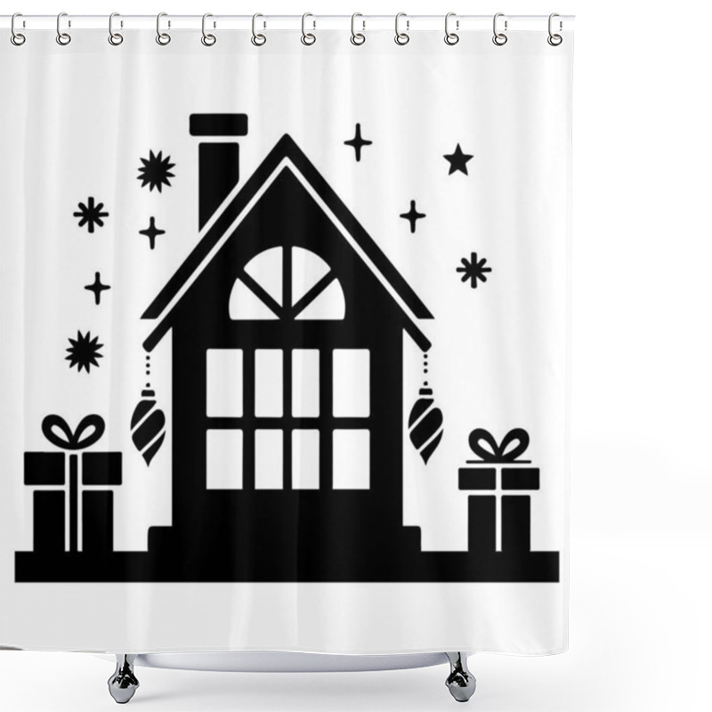 Personality  This Festive Vector Illustration Features A Stylized Christmas Tree Surrounded By Various Holiday-themed Elements, Including Snowflakes, Stars, And Decorative Dots. The Black And White Design Is Perfect For Holiday Greeting Cards, Seasonal Decoration Shower Curtains