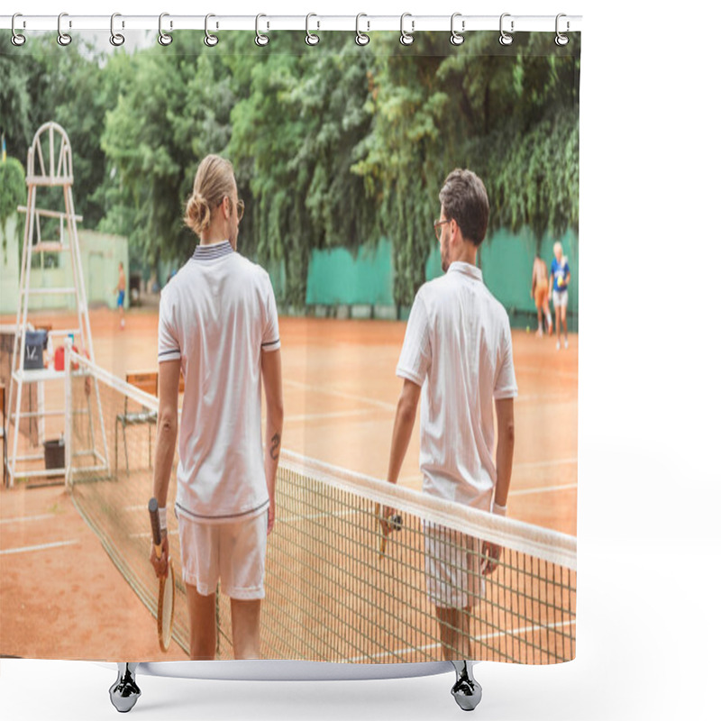 Personality  Athletic Tennis Players In White Sportswear With Wooden Rackets Walking Near Net On Court Shower Curtains