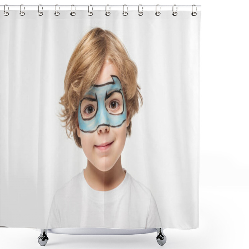 Personality  Adorable Boy With Superhero Mask Painted On Face Smiling At Camera Isolated On White Shower Curtains