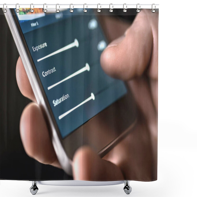 Personality  Photo Edit With Mobile Phone And Smart App. Man Adjusting Sliders. Image Editing, Manipulation, Improvement Or Enhancement With Smartphone. Adding Filter To Photograph In Social Media Application. Shower Curtains