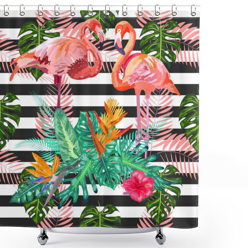 Personality  Pink Flamingos Hibiscus, Monstera, Banana Leaf Tropic Summer Sea Shower Curtains