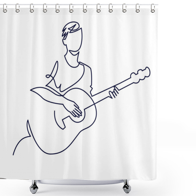 Personality  Continuous Line Drawing Of Musician Plays Acoustic Guitar Vector Illustration Isolated On White. Musical Concept For Decoration, Design, Invitation Jazz Festival, Music Shop Shower Curtains