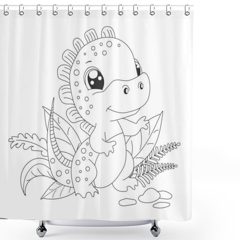 Personality  Hand-drawn Cute Baby Dinosaur Cartoon Dino Is Sitting On Leafy Plant. Vector Illustration For Coloring Book On White Background.Drawing Line Contour.   Shower Curtains