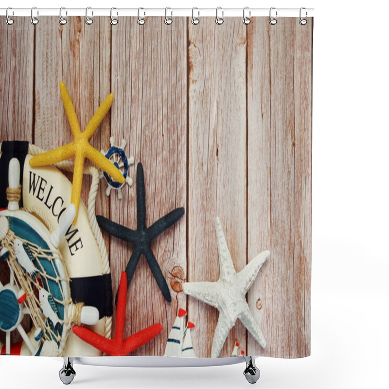 Personality  Marine Items Nautical Decoration With Space Copy On Wooden Background Shower Curtains