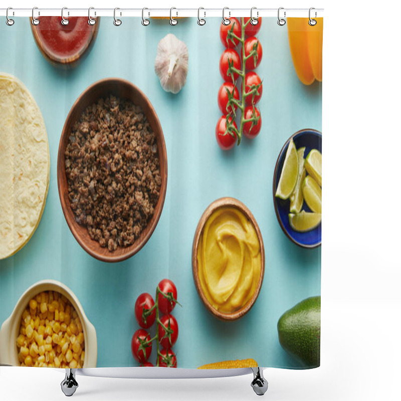 Personality  Top View Of Fresh Ingredients For Tacos With Tortillas On Blue Background Shower Curtains