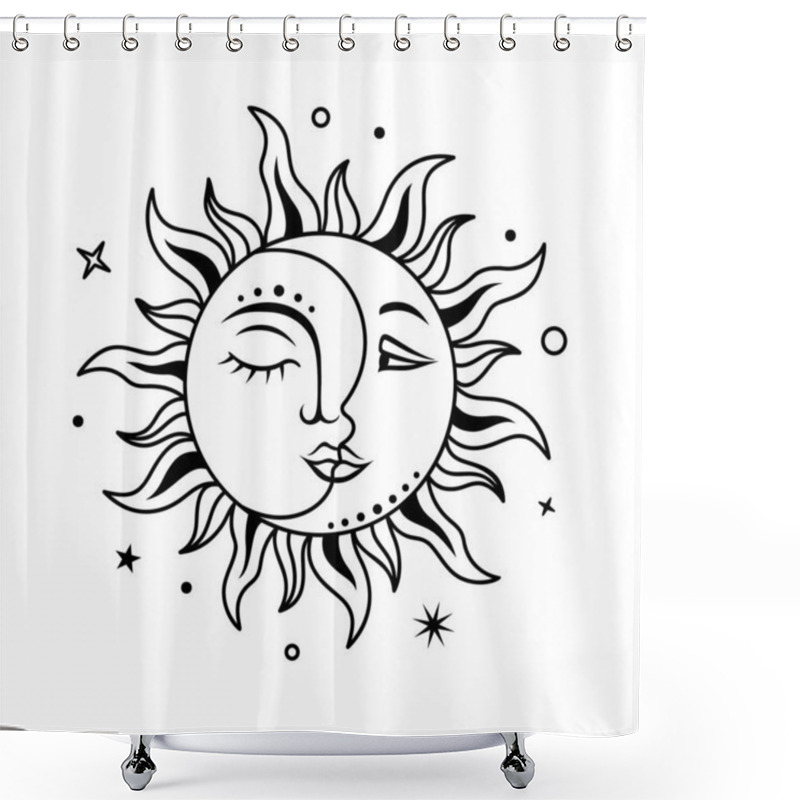 Personality  Sun Amd Moon With Face. Boho Design. Vector Celestial Sign. Magic, Mystical Print. Shower Curtains