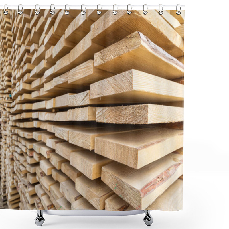 Personality  Perspective Angle Of Wooden Planks In Close-up At A Lumber Warehouse. Background Of Boards. Shower Curtains