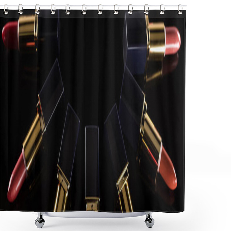 Personality  Assorted Lipsticks In Luxury Tubes Arranged In Circle Isolated On Black, Panoramic Shot Shower Curtains