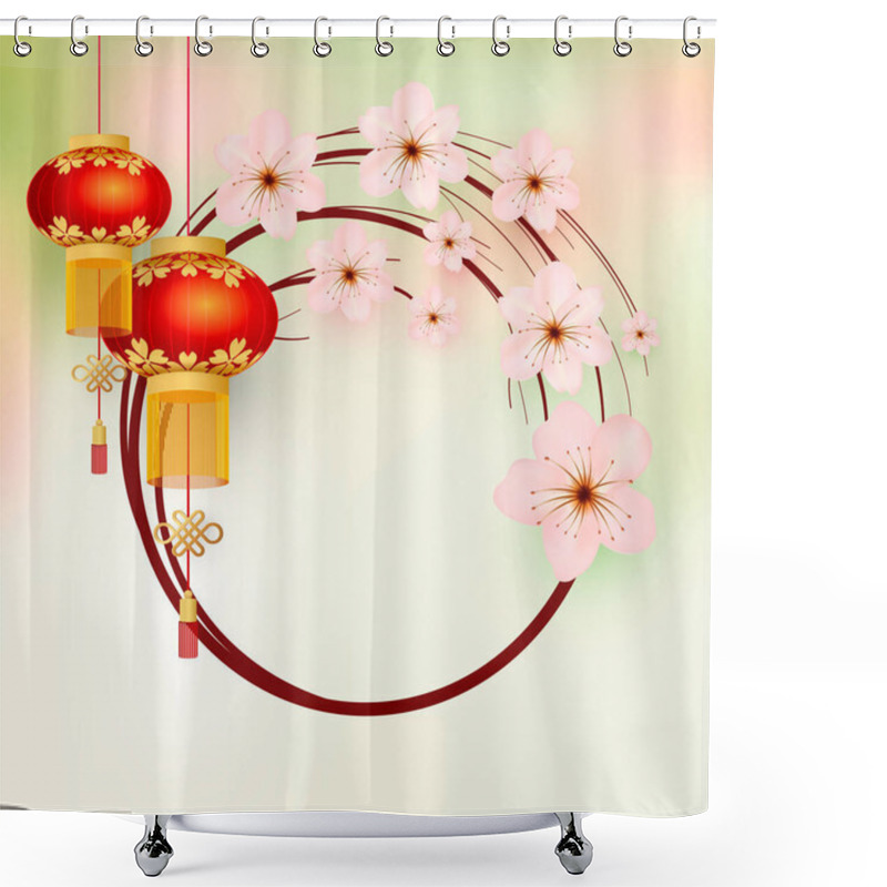 Personality  Floral Frame. Chinese Lanterns And Sakura Flowers. Template For A Holiday Card. Asian Background. Retro Style. Vector Shower Curtains