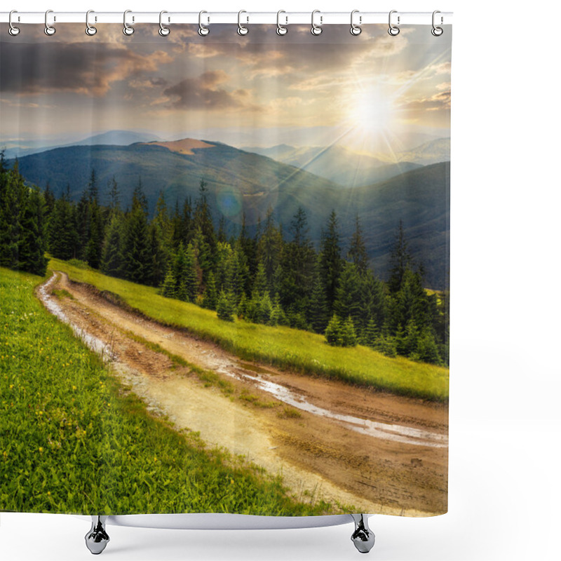 Personality  Road Through Conifer Forest In Mountains At Sunset Shower Curtains