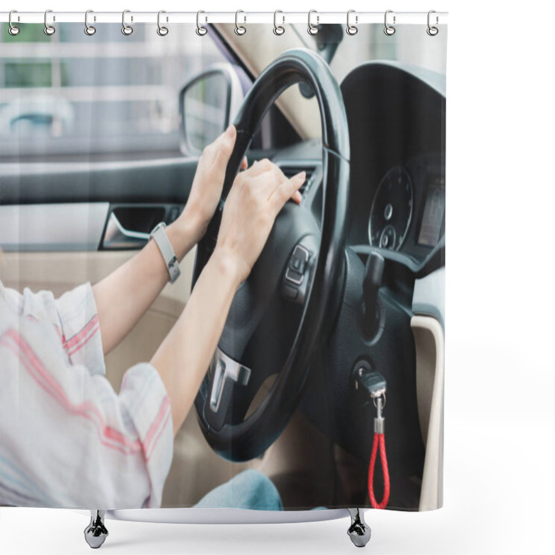 Personality  Partial View Of Woman Honking Horn While Driving Car Shower Curtains