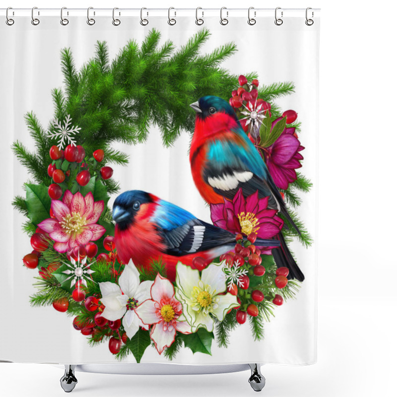 Personality  New Year Christmas Holiday Background, Wreath Garland Of Pine Fir Branches, Bird, Poinsettia Flowers, Hellebore, Berry Branches, Decorations, 3D Rendering Shower Curtains